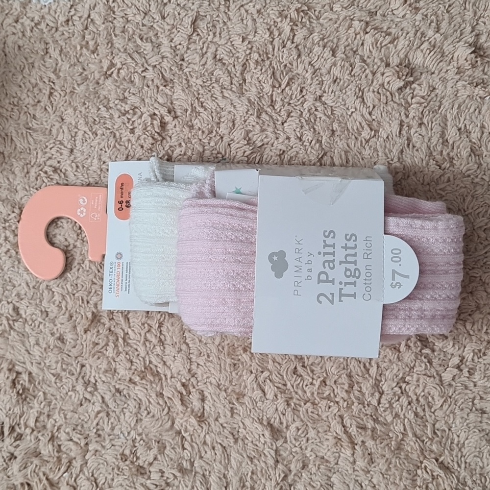 Primark baby, 2 pairs tights cotton Rich, 0-6M, pink and white